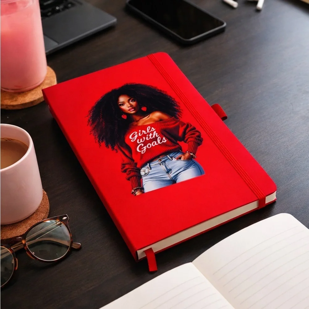 Red Notebook with Stylish Graphic “Girls with Goals”